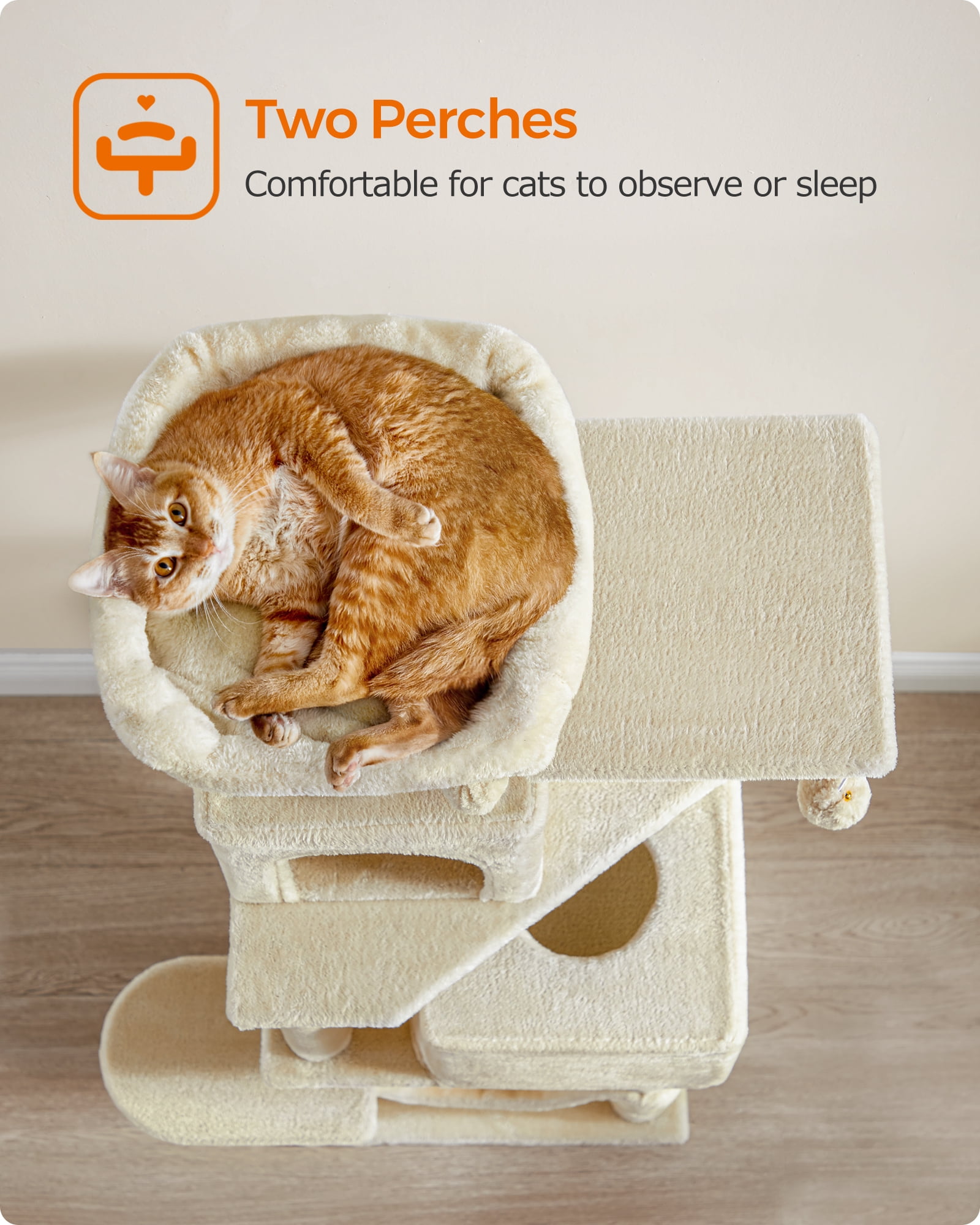 61"H Cat Tree Cat Tower for Indoor Cats, Plush Multi-Level Cat Condo with Scratching Posts, Perches, Caves, Hammock, Beige