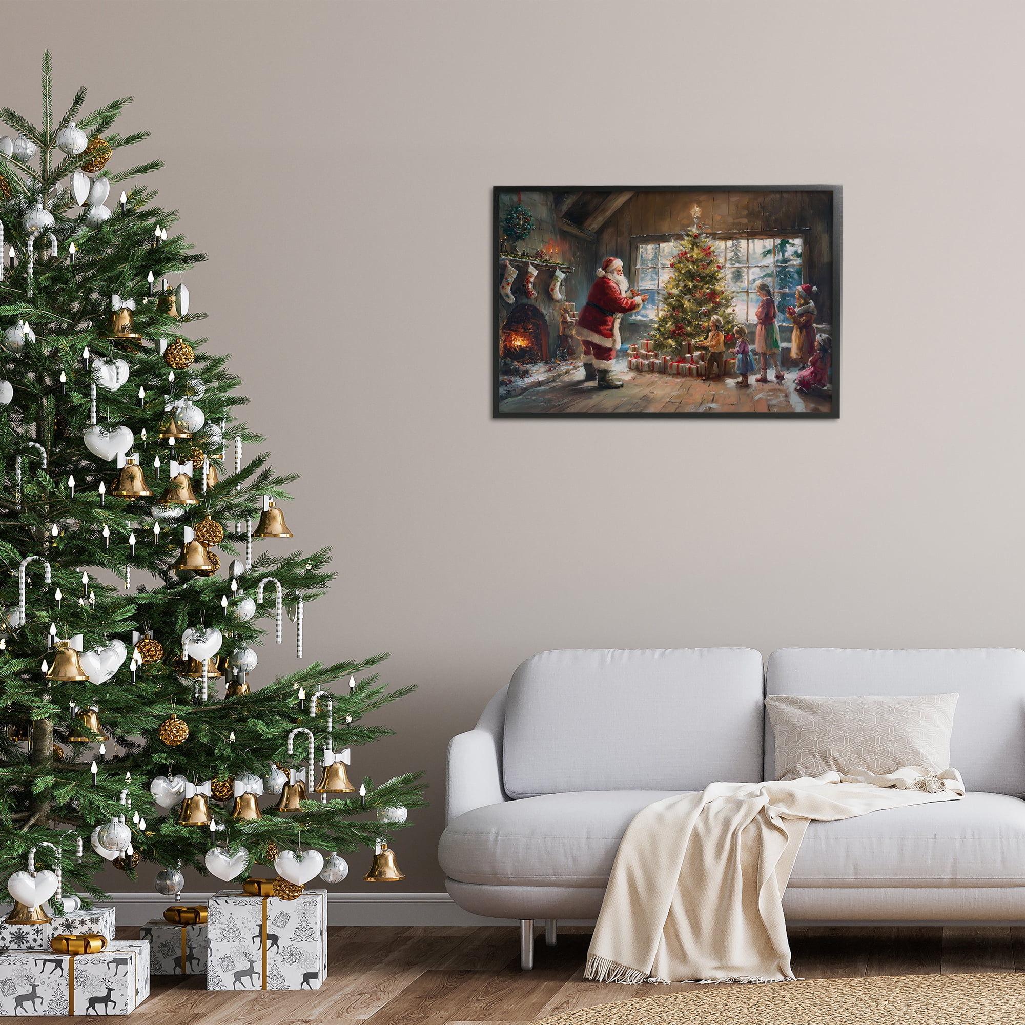 Stupell Industries Christmas Morning Family Holiday Painting Black Framed Art Prints Wall Art, 30 x 20