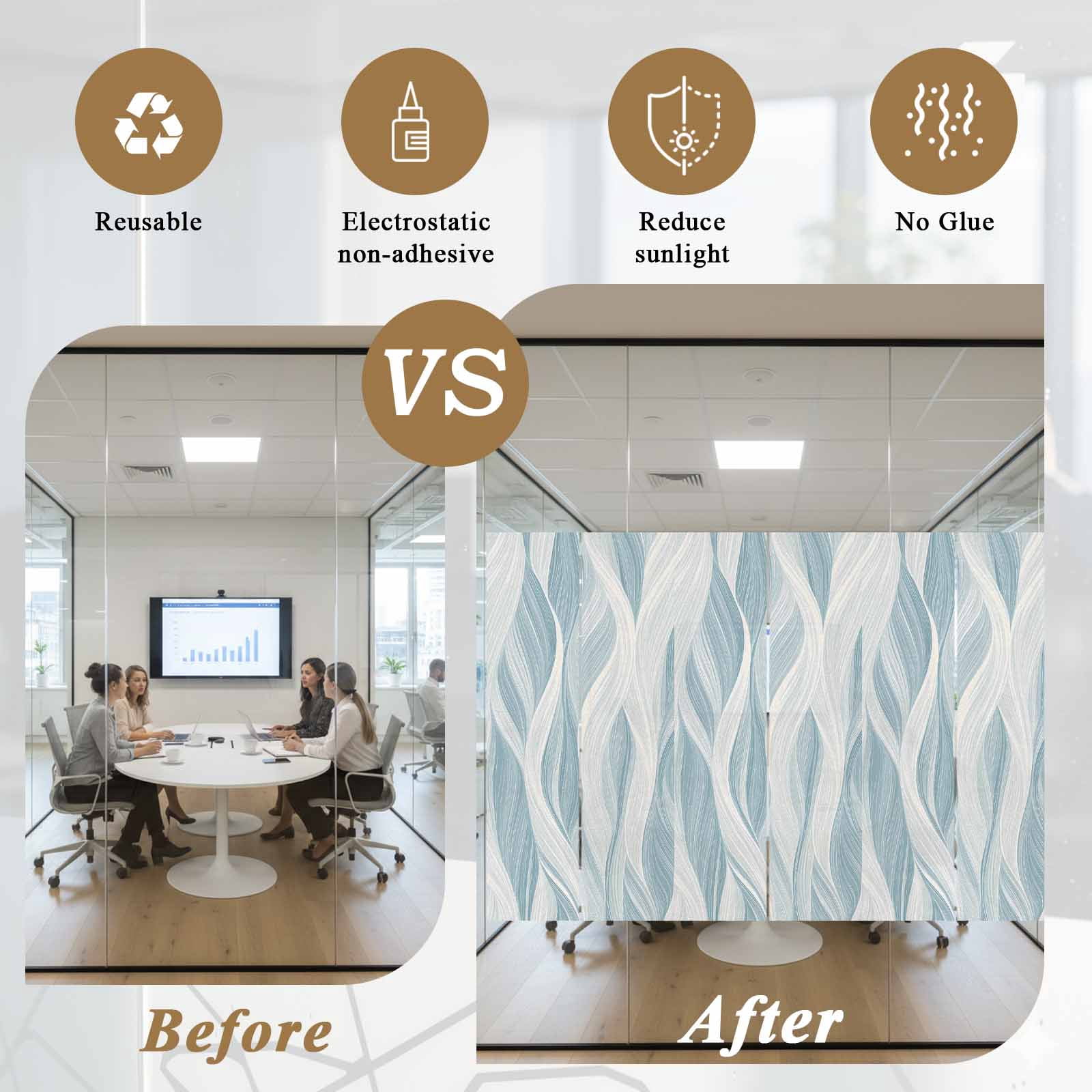White Blue Ombre Stripe Window Privacy Film, Modern Abstract Moire Waves Static Cling UV Sun Blocking Tint Film Heat Control Windows Films for Bedroom Bathroom, Window Stickers 23.6"x59"