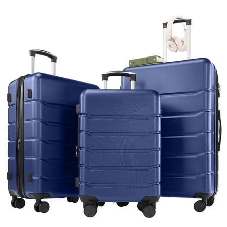 Beddle 3 Piece Hardshell Luggage Set Hardside Lightweight Suitcase with Spinner Wheels TSA Lock 20in 24in 28in,Blue