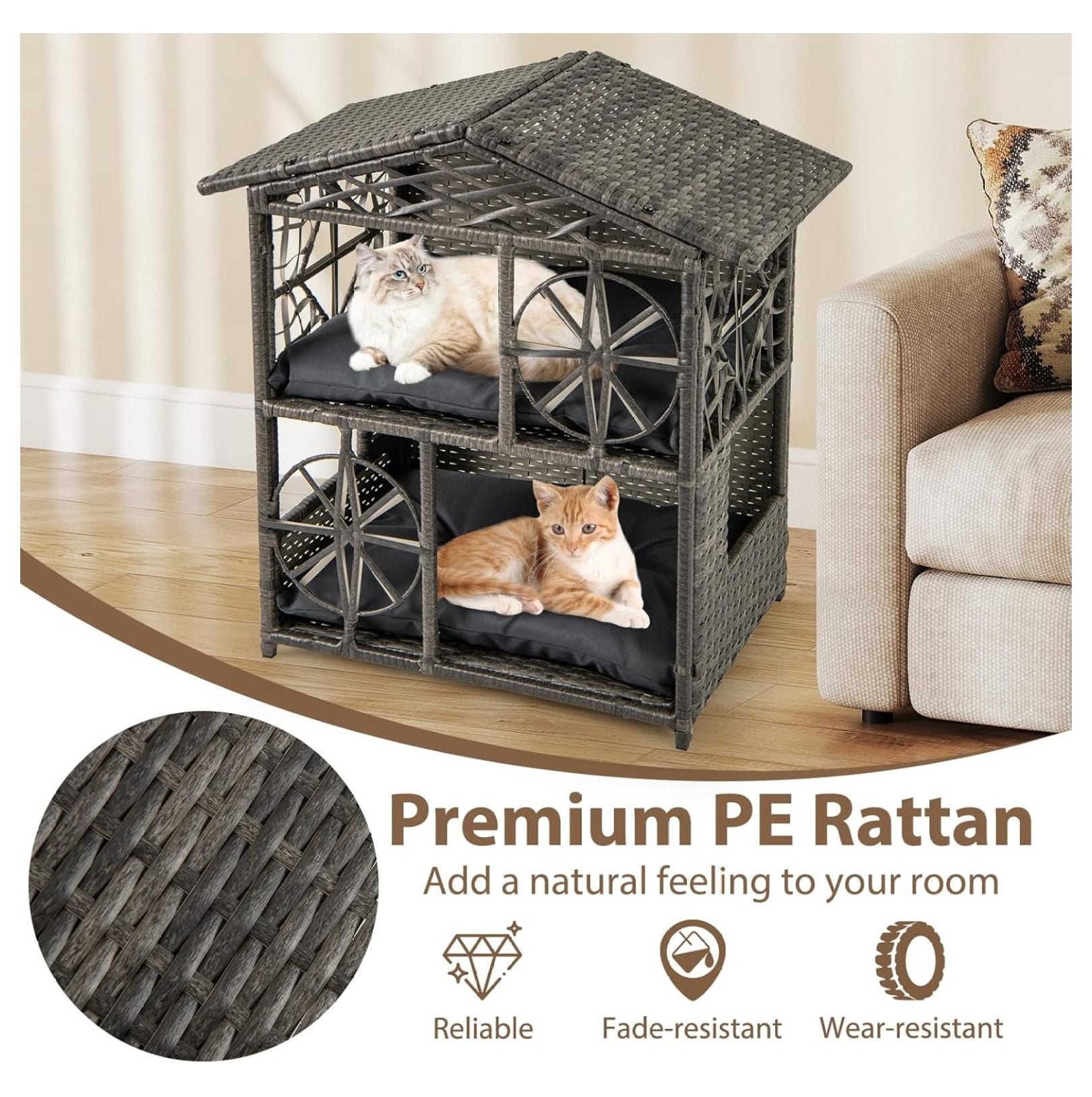 2-Story Rattan Cat House, Indoor Outdoor Aesthetic Large Kitten Cave Hideaway with Soft Removable Cushions, Side Entrances, 27 x 16 x 27.5 inches