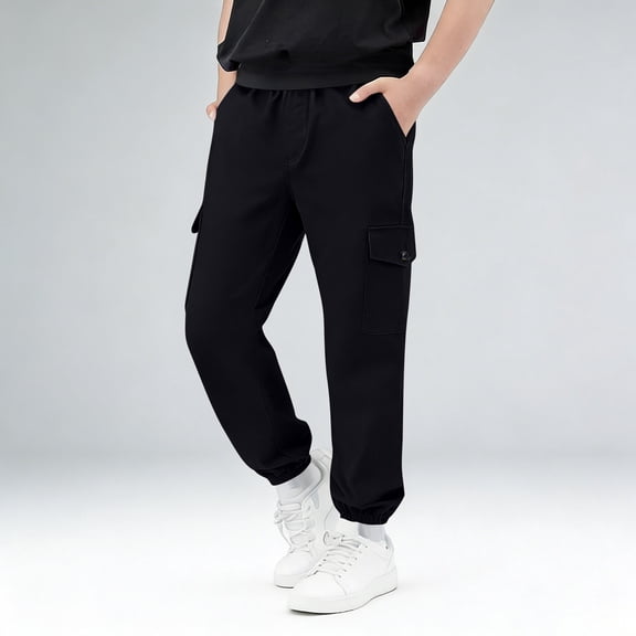 Riecok Cargo Pants for Boys Elastic Waist Casual Jogging Trousers Bottom with Pockets Solid Color Pull on Pants Black 5 Years