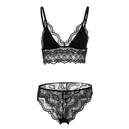 

Pimfylm Pinsy Shapewear Bodysuit Lace Women s Embroidered lace Thin Bra Low-Cut Push-up Underwear Panty Set Black Medium