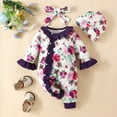 thumbnail image 2 of THDHVS Girls Romper,Newborn Girl Clothes,Infant Girl Clothes 3-Piece Flower Print Romper Set with Bow and Hat Purple 0-3 Months, 2 of 8