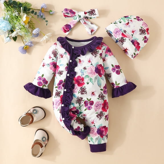 qILAKOG Baby Girl Clothes Ruffle Floral Infant Newborn Baby Clothes For Girls Zip Baby Girl Romper Jumpsuit with Headband Purple 0 Months