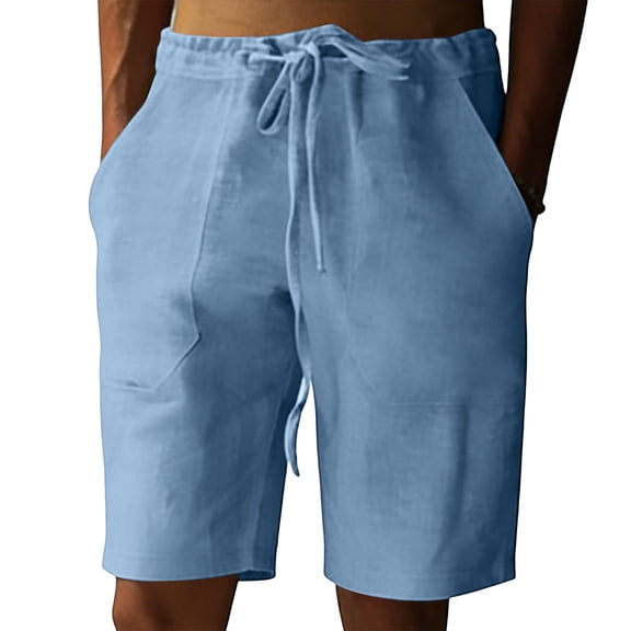 Nestiefly Mens Casual Cotton Linen Shorts Elastic Waist Drawstring Loose Fit Summer Beach Vacation Shorts with Pockets Light Blue M