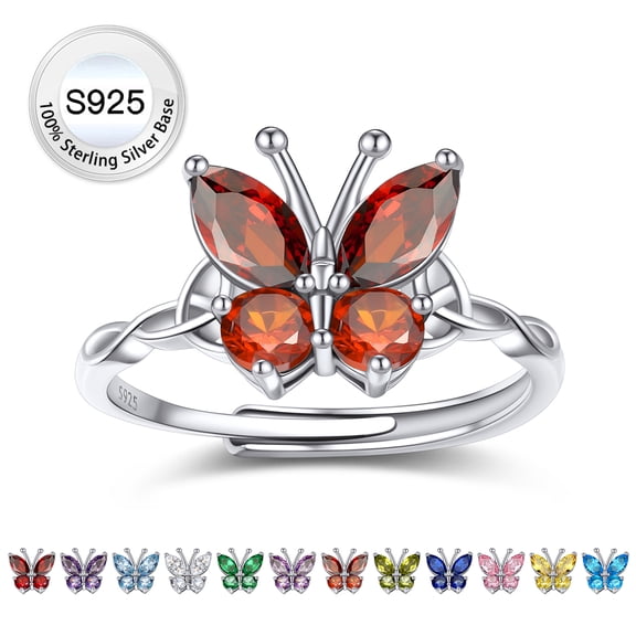 Bestyle Pure S925 Sterling Silver Butterfly Rings, July Ruby Birthstone Adjustable Open Band Ring Jewelry Gift Birthday Mother's Day Christmas