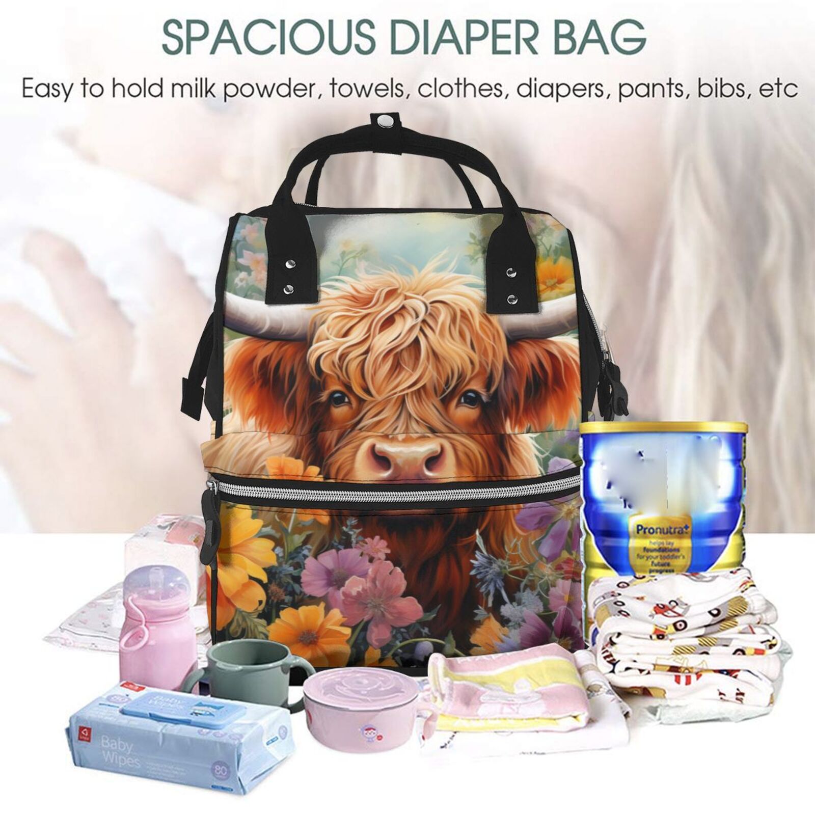 Ratiio Countryside Colorful Floral Cow Mummy Backpack - Waterproof Twill Canvas, Large Capacity Diaper Bag with Multiple Pockets and Adjustable Straps