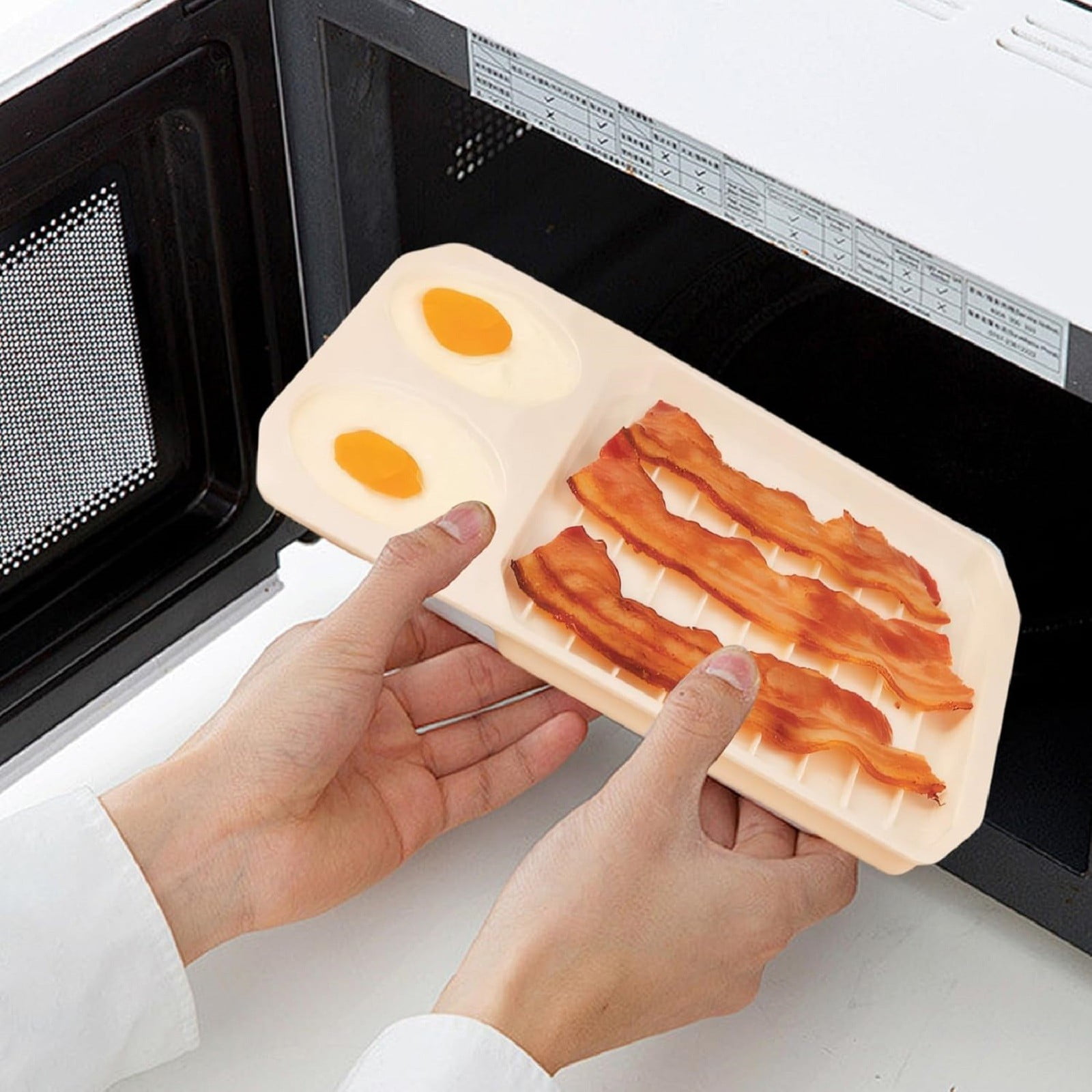Tswift 2 In 1 Microwave Oven, Microwave Bacon Cooker 11X8In Grooved White Microwave Bacon Tray With 2 Egg Poachers Non-Sticky Safe And Quick Classic Bacon Pan Gift, Bacon Cooker