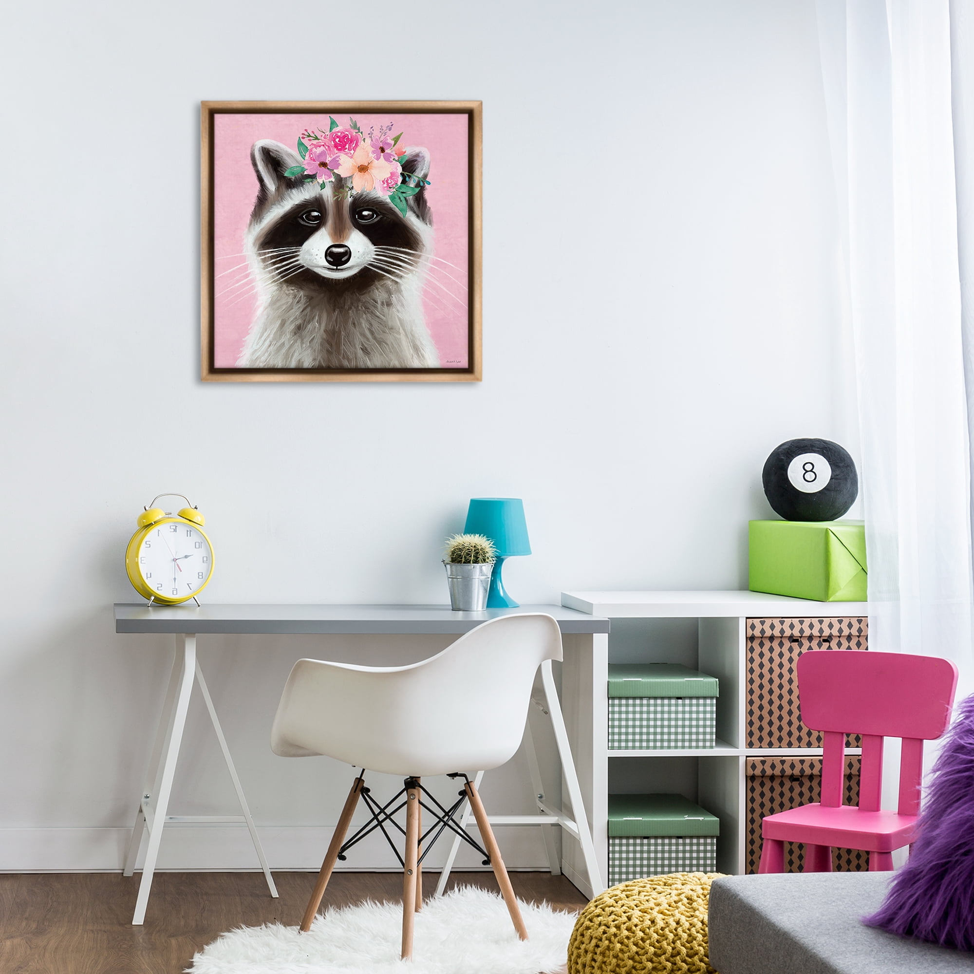 Stupell Industries Pink Florals Raccoon Animals & Insects Painting Brown Floater Framed Canvas Art Print Wall Art, 25 x 25