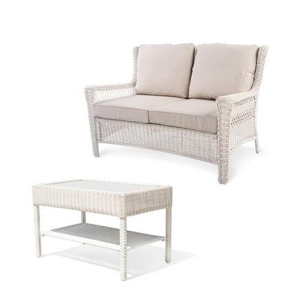 Krikacy Patio Rattan Loveseat With Coffee Table,HDPE All-Weather HDPE Wicker for Porch Deck,Beige