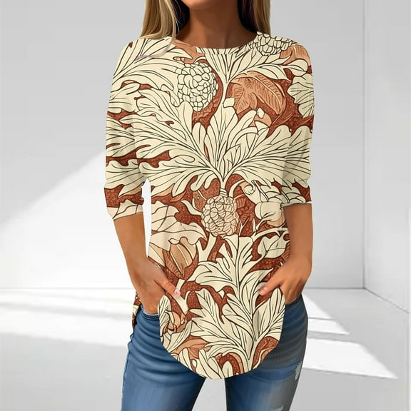 Muscularfit Cute Tops for Women Tunic Brown 3/4 Sleeve Floral Crew Neck Slim Elegant T-Shirts Blouses for Women XXL