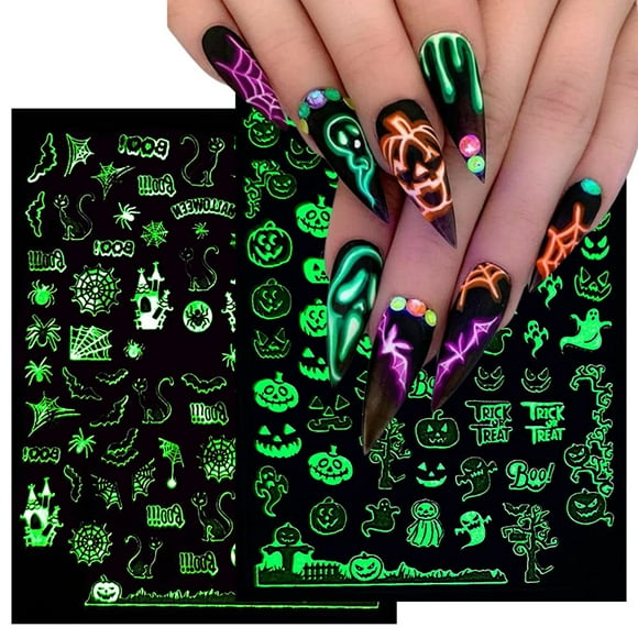 Pegatinas de uñas de Halloween 3D luminosas para uñas de Halloween, autoadhesivas, suministros de arte de uñas, calcomanías, diseños de arte de uñas de Halloween, calavera, fantasma, calabaza, araña,
