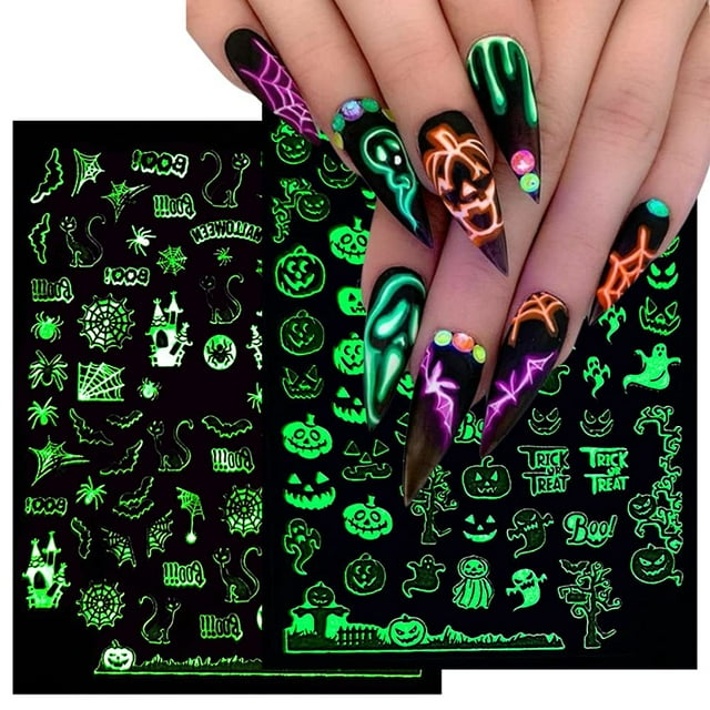 Pegatinas de uñas de Halloween 3D luminosas para uñas de Halloween, autoadhesivas, suministros de arte de uñas, calcomanías, diseños de arte de uñas de Halloween, calavera, fantasma, calabaza, araña,