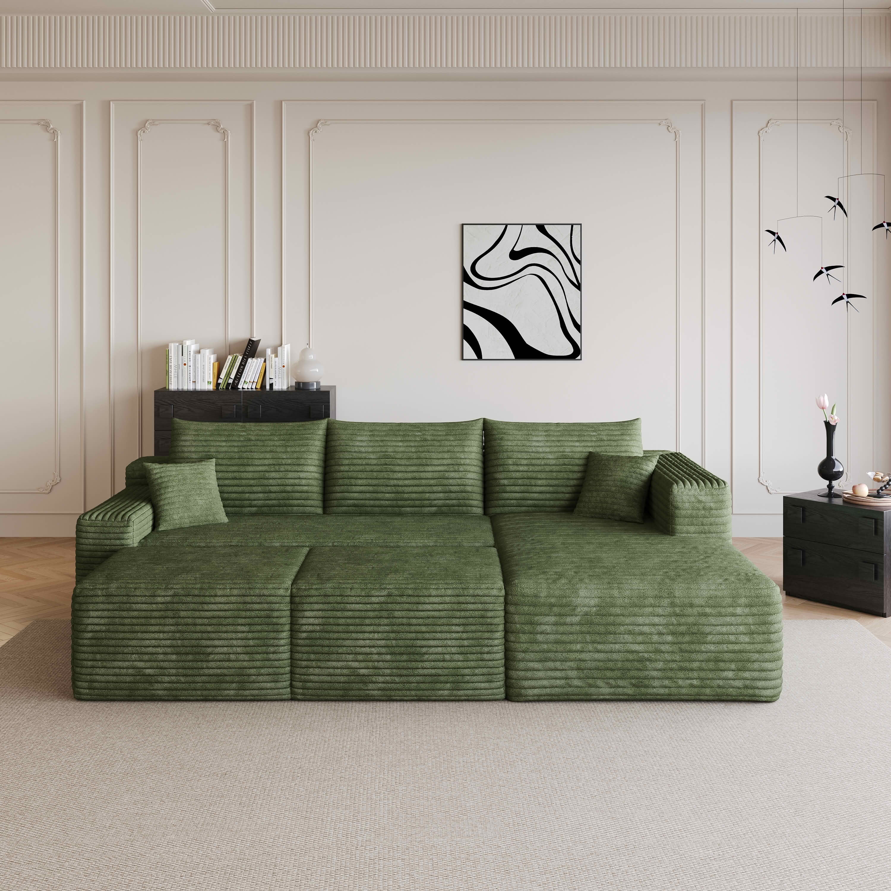 MAYEERTY 95 Inch U‑Shaped Cloud Sectional Sofa with 2 Ottomans, Modern Deep‑Seat Corner Couch, Plush Corduroy Reversible Sofa, No‑Assembly for Living Room Bedroom Apartment