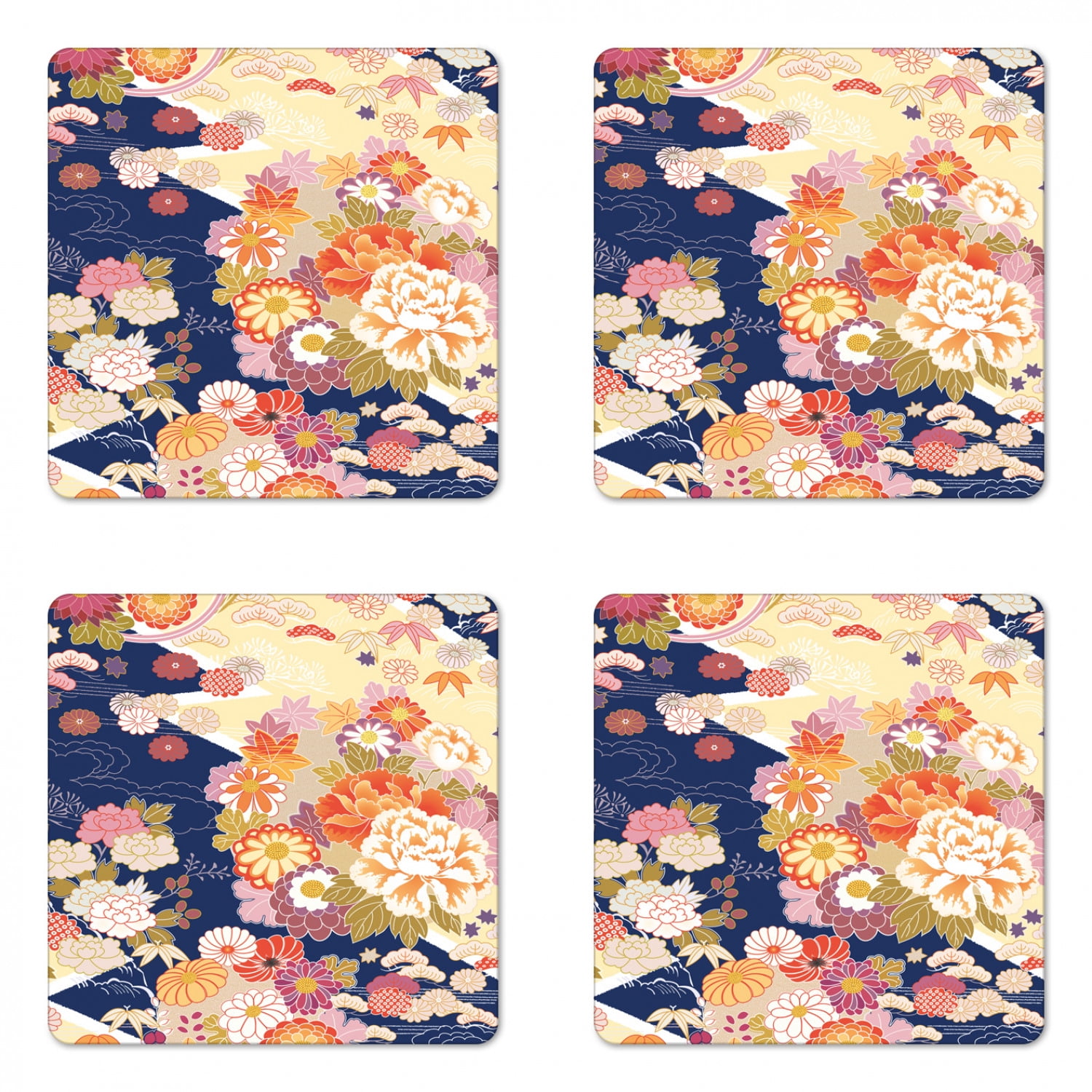 Japanese Coaster Set of 4, Traditional Kimono Motifs Composition Floral Patterns Vintage Artwork