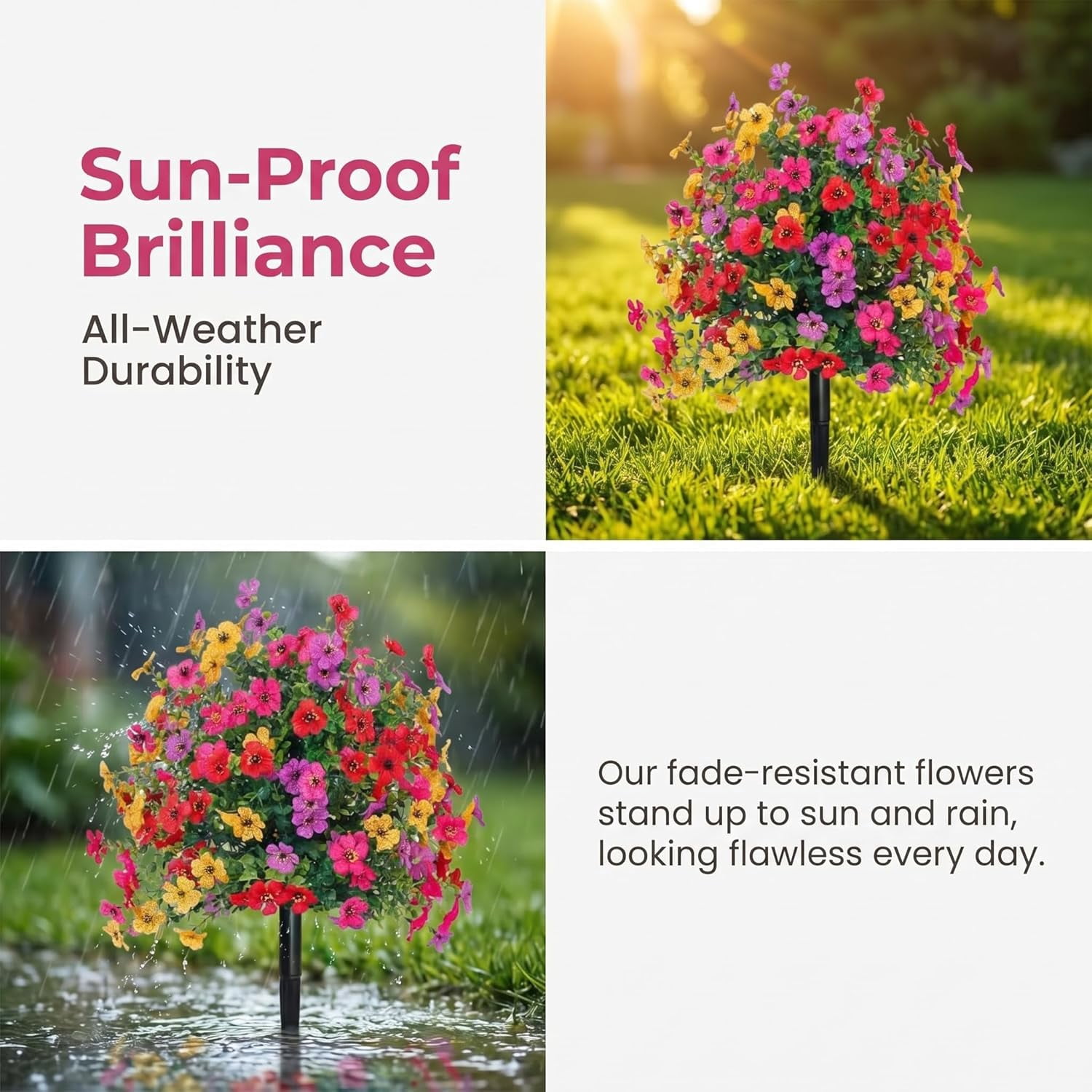 Artificial Flowers for Outdoors 24" Artificial Petunias with Ground Stake, UV Resistant Waterproof Lifelike Faux Flowers Decor for Garden Yard Patio Porch Home (Multi-Color (2 Pack))
