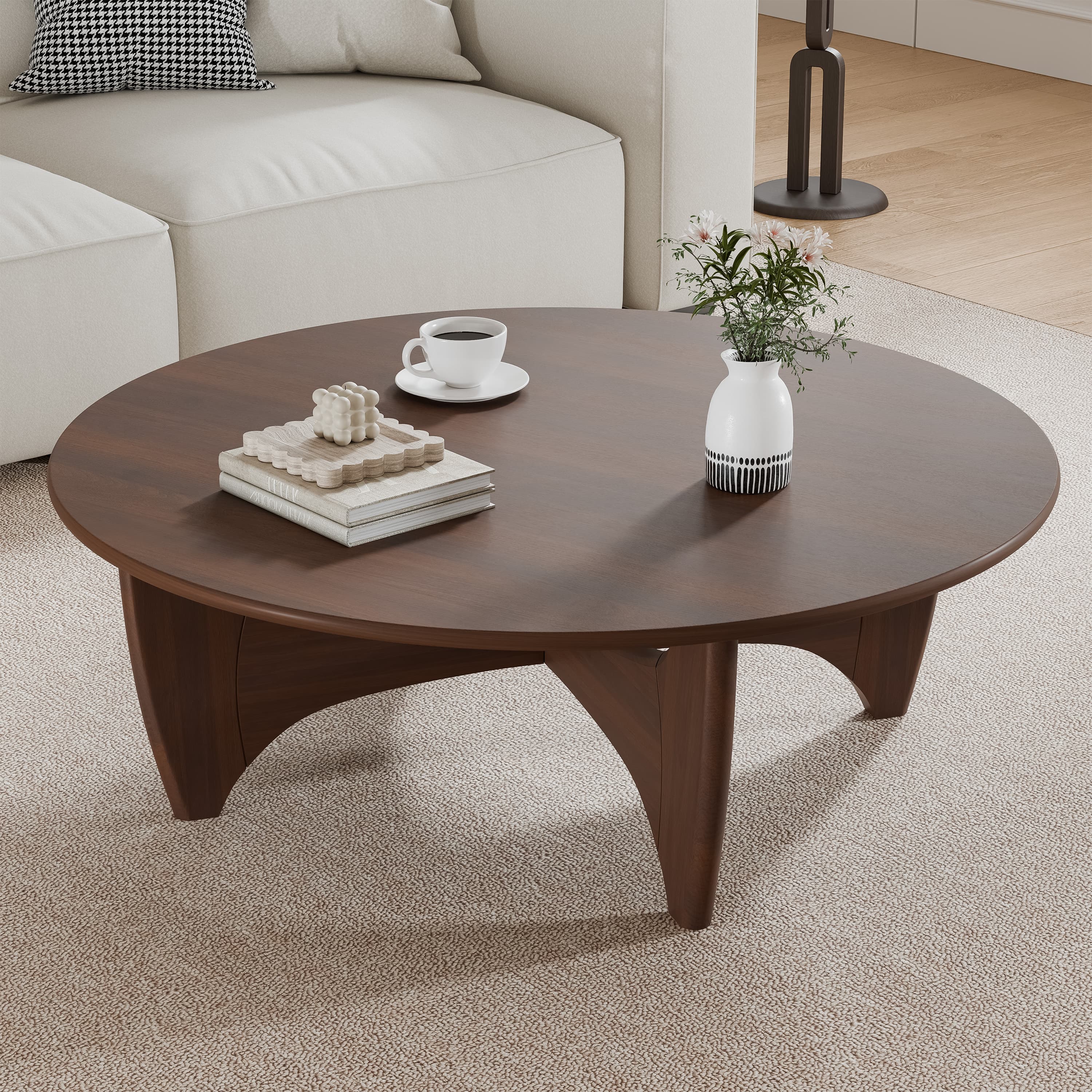 MAYEERTY 38"x38"x16" Solid Wood Coffee Table Round Coffee Table,Walnut