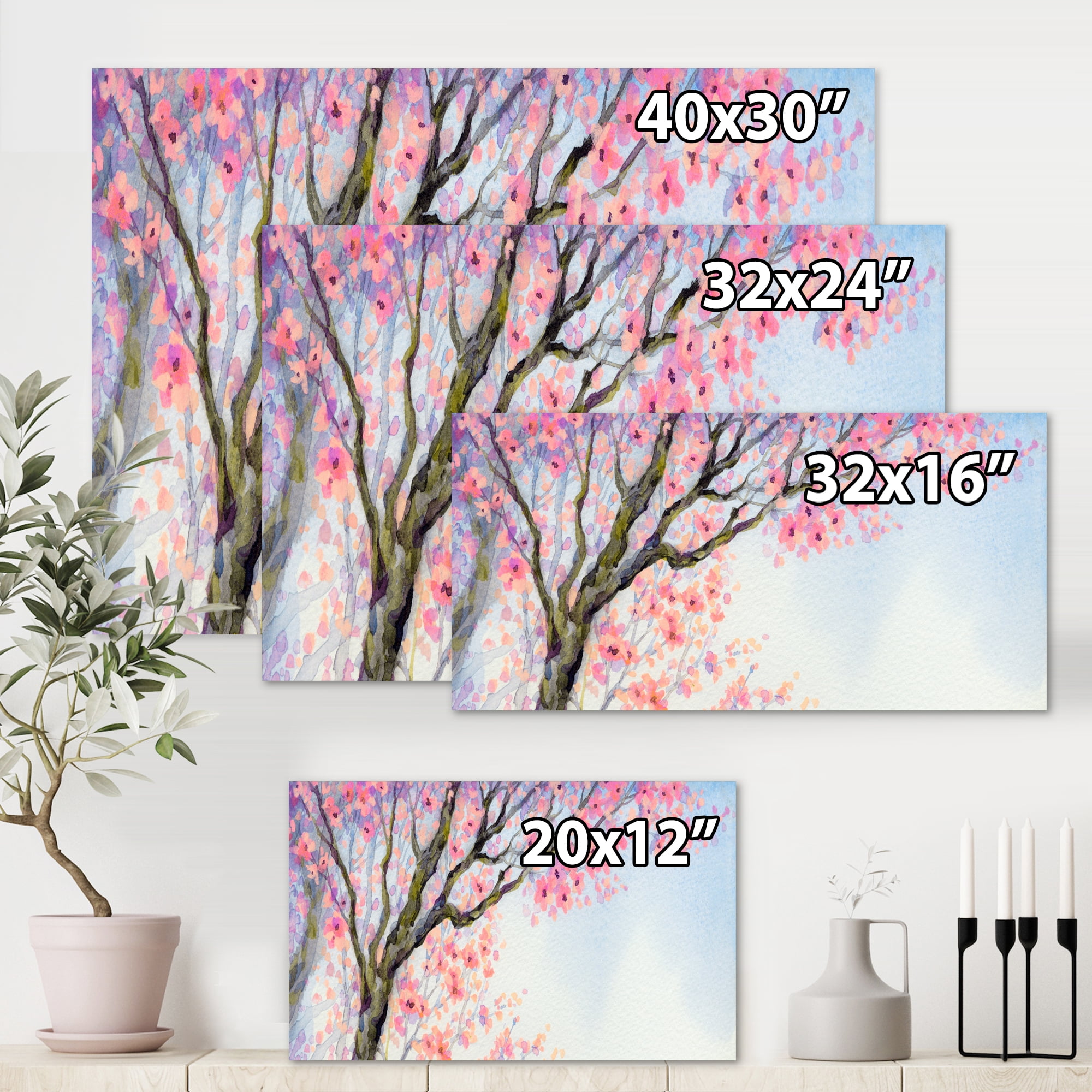 Designart ' Beautiful Pink Bird Sitting On Flowering Branch ' Traditional Canvas Wall Art Print