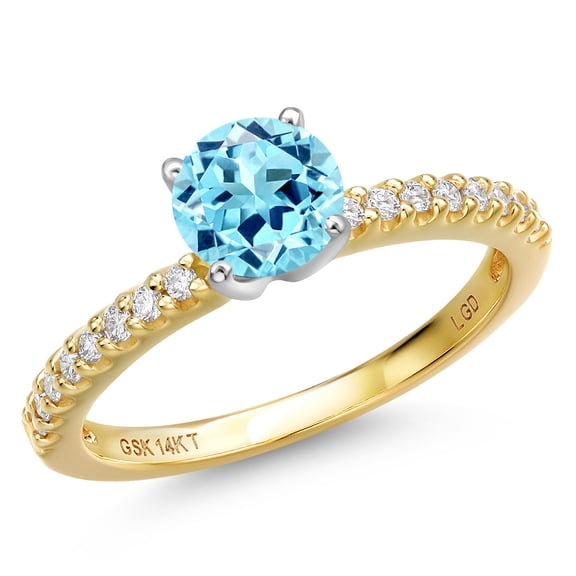 Gem Stone King 14K Two Tone Gold Blue Apatite and Lab Grown Diamond Engagement Ring for Women | 0.98 Cttw | Round 6MM | Gemstone Birthstone | Size 7
