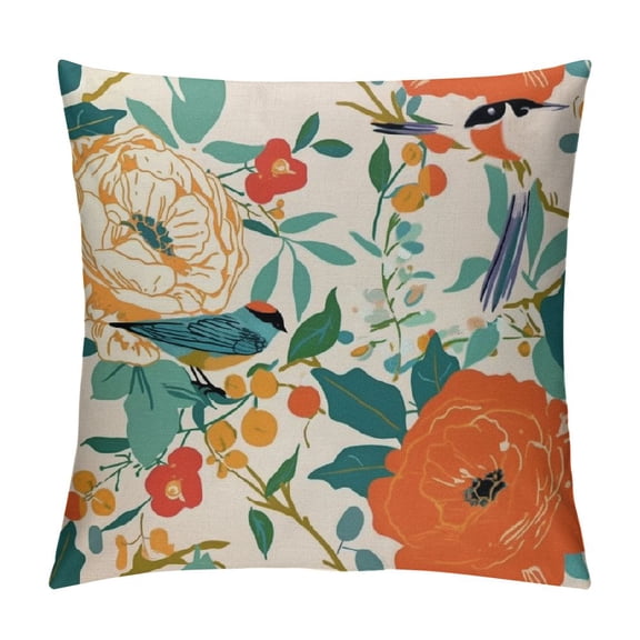 PRATYUS Flower and Hummingbird Pillow Cover Spring Red Flower Green Leaves Boho Decorative Pillow Covers Cushion Cover Home Decor 12x12in