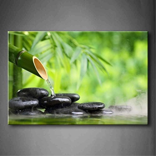 Green Spa Still Life With Bamboo Fountain And Zen Stone In Water Wall Art Painting The Picture Print On Canvas Botanical Picture Walmart Com Walmart Com