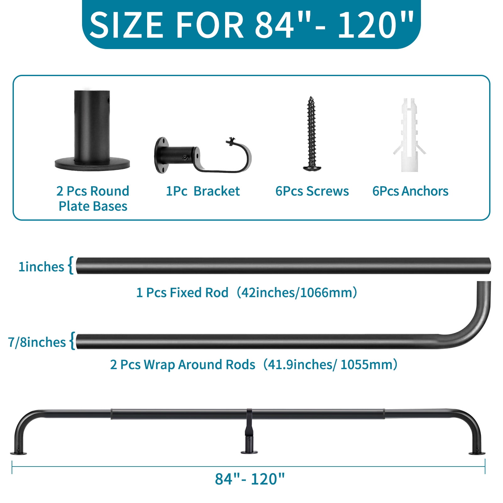 Meriville 1-Inch Diameter Wrap Around Blackout Curtain Rod, 84-Inch to 120-Inch, Matte Black Finish with Round Base