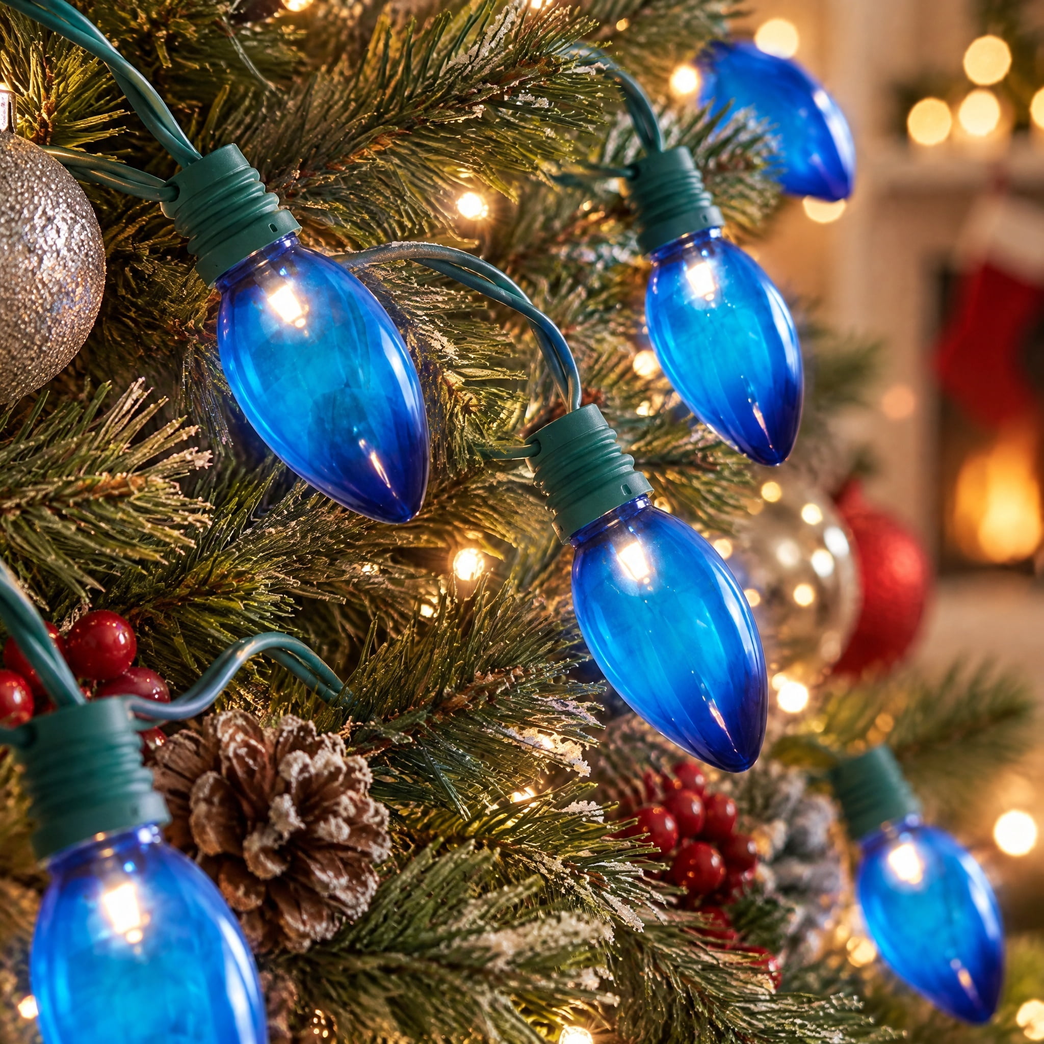 Indoor/Outdoor 100-Count LED Smooth C9 Christmas String Lights, Blue, Green Wire, 57', by Holiday Time
