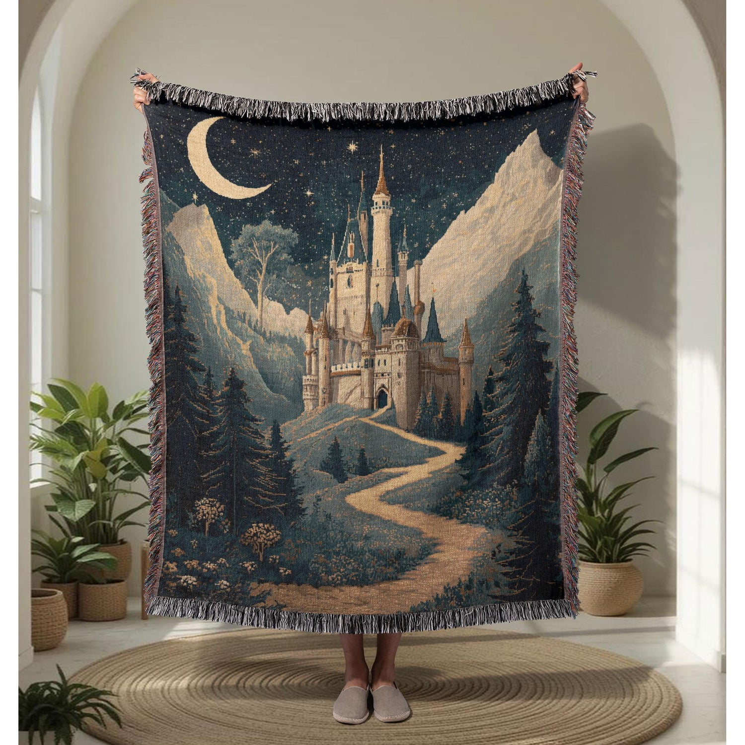 Fantasy Kingdom Woven Throw Blanket Cotton with Fringed Edges as a Housewarming Gift