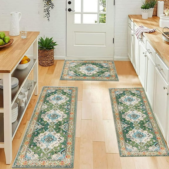 Farmhouse Kitchen Rug Sets 3 Piece Washable, Non Slip Kitchen Rugs and Mats Set, Boho Kitchen Mats for Floor, Green Flowers Kitchen Floor Rugs for Hallway Laundry Room