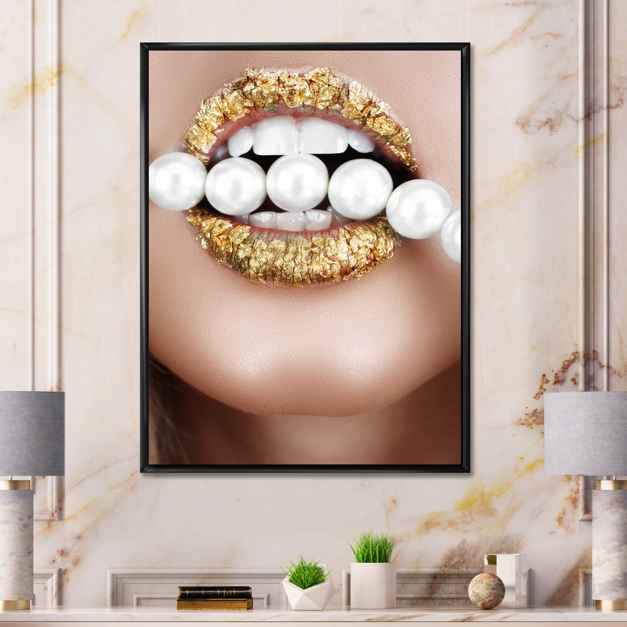 Gold Leaf Lips Mouth With Pearls 16 in x 32 in Framed Photography Canvas Art Print, by Designart
