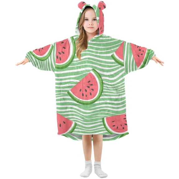 Green Wavy Lines with Watermelon Slices Flannel Wearable Blankets Hooded Design Long Sleeves Wrap Unisex for 3T-14Y S