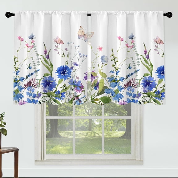 Blue Flower Curtains for Kitchen Bathroom Pink Floral Rod Pocket Window Tier Curtains Valance Set 4 Pcs Green Plant Printed Valances 27W x 36L*2 Curtains 27W x 36L*2