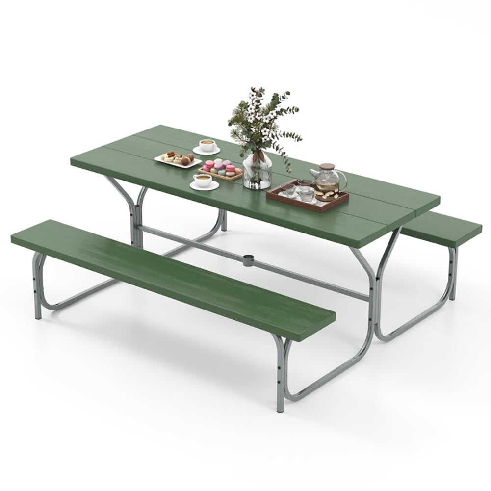 Aimee Lii 6 FT Picnic Table Bench Set Dining Table and 2 Benches with Metal Frame and HDPE Tabletop, Outdoor Patio Furniture, Green Aimee Lii 6 FT Picnic Table Bench Set Dining Table and 2 Benches with Metal Frame and HDPE Tabletop, Outdoor Patio Furniture, Green
