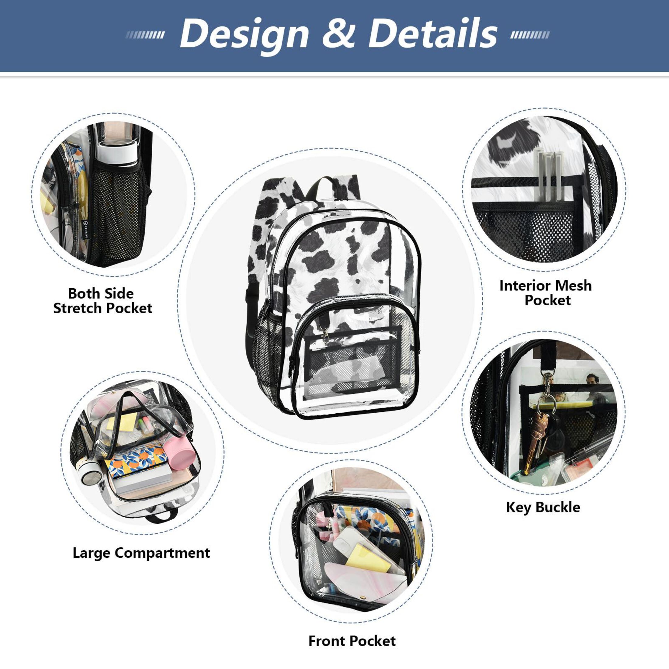 ALAZA Clear Backpack Cow Print PVC Transparent BookBag