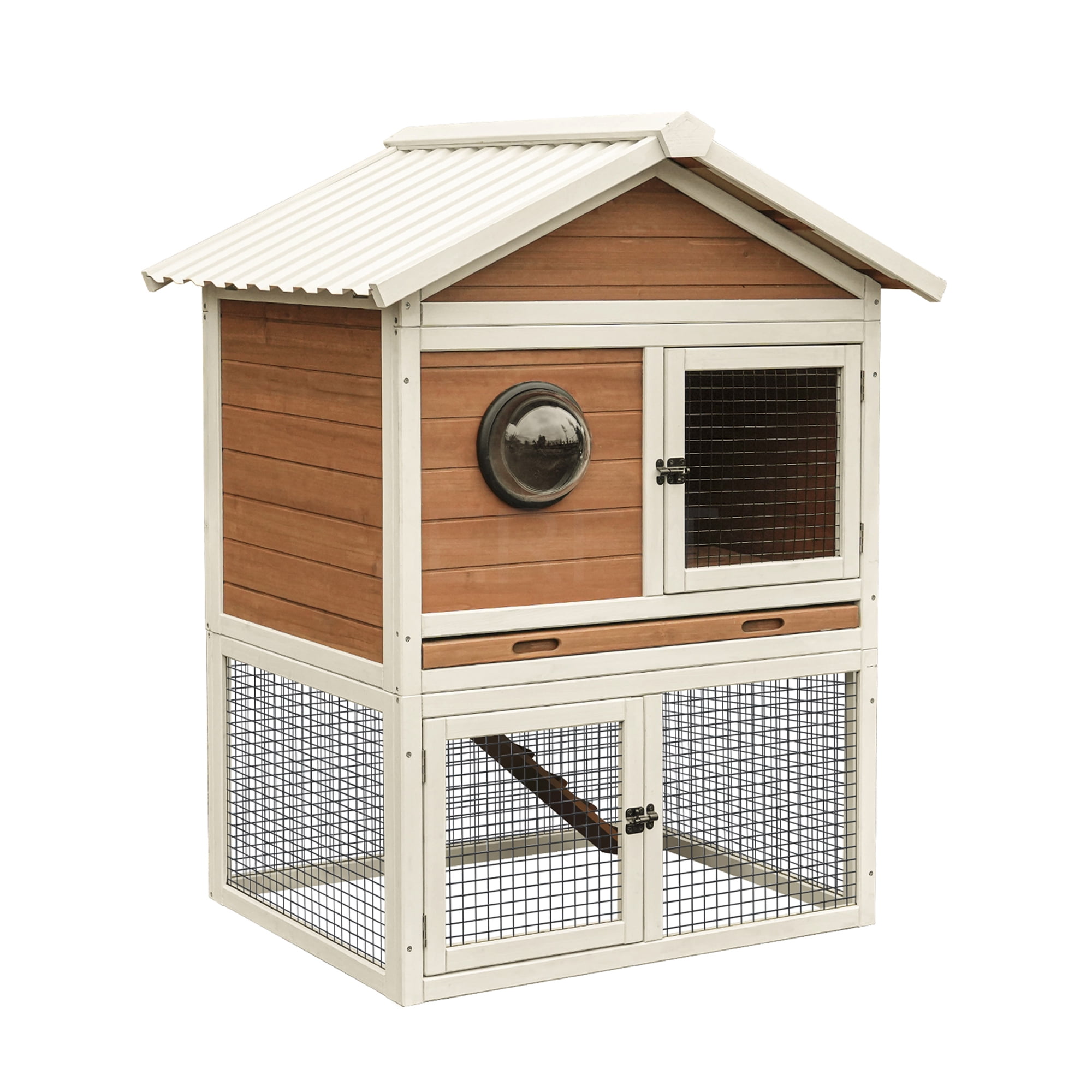 JERFIT 2-Tier Wooden Rabbit Hutch with Run, Outdoor Small Animal House with Pull-Out Tray, Solid Fir Wood Bunny Cage for Rabbits Guinea Pigs, White and Red Pet Enclosure