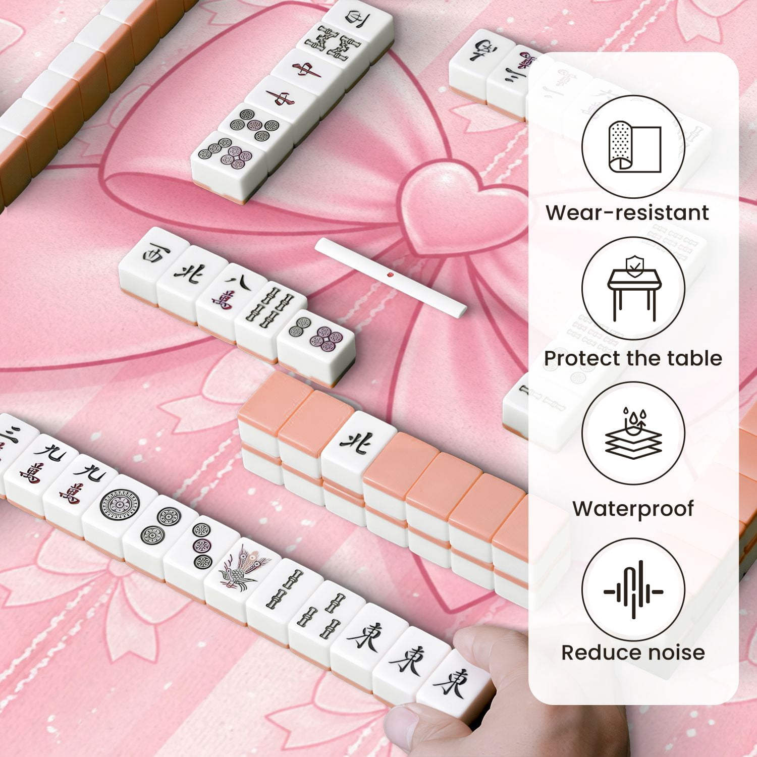 Mahjong Mat 31.5" x 31.5" Pink Heart Shaped Bow Subtle Glitter Stripes Non-Slip Noise Reduction Mahjong Tiles Table Cover for Dominoes Poker Card Board and Tile Games