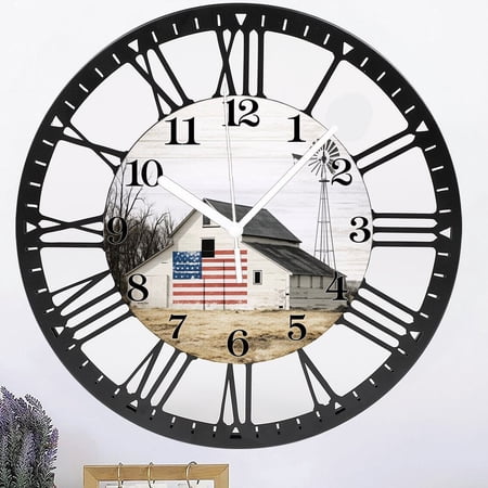 Iron Farmhouse Wall Clock 10 Inch Silent Non-Ticking Battery Operated Clock Rustic Barn Iron Decorative Clocks for Kitchen Bedroom Office Style 10×10inch(25×25cm)