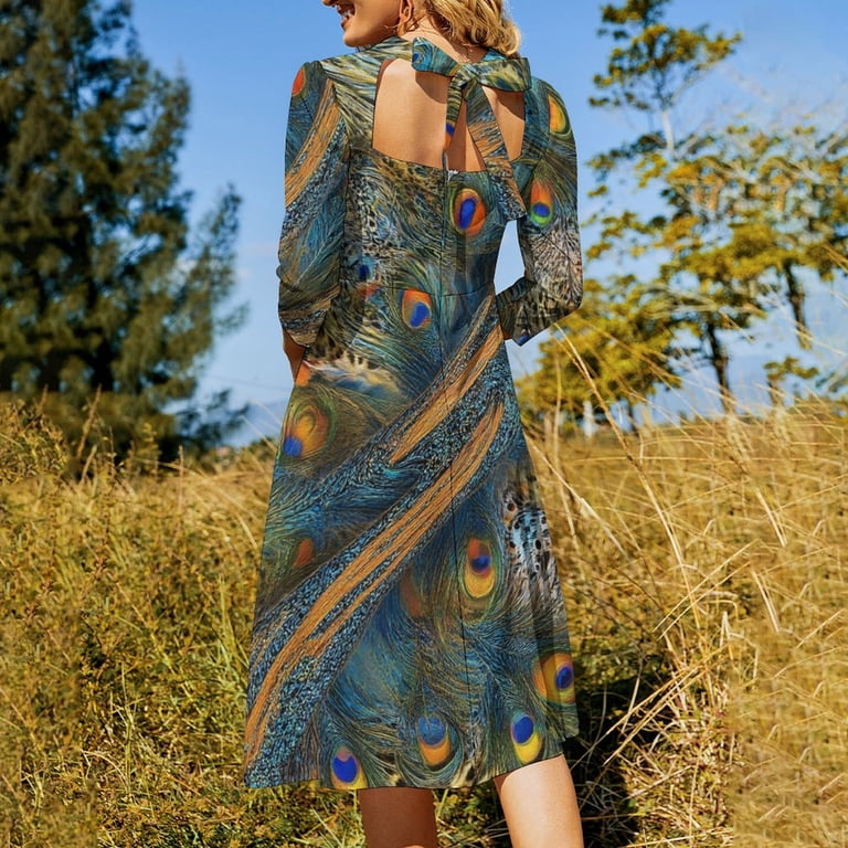 white christmas dresses Sexy Deep V Neck Peacock Print Beach Dress Long Sleeve Casual Boho Women Dress main image 1