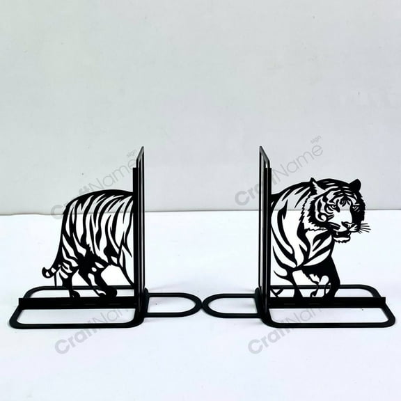 Craftnamesign Customized Tiger Metal Bookends For Shelf, Wild Animal Book Stoppers for Office