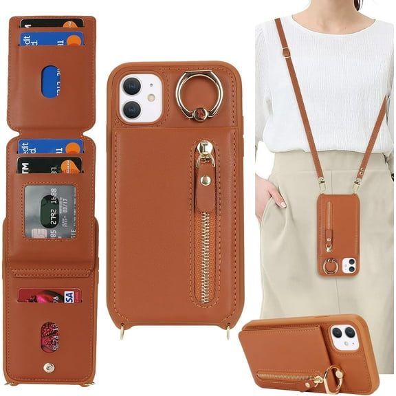iPhone 11 Case with Card Holder for Women, iPhone 11 Phone Case Wallet with Strap Credit Card Slots Crossbody with Kickstand Zipper Case for iPhone11 - Brown