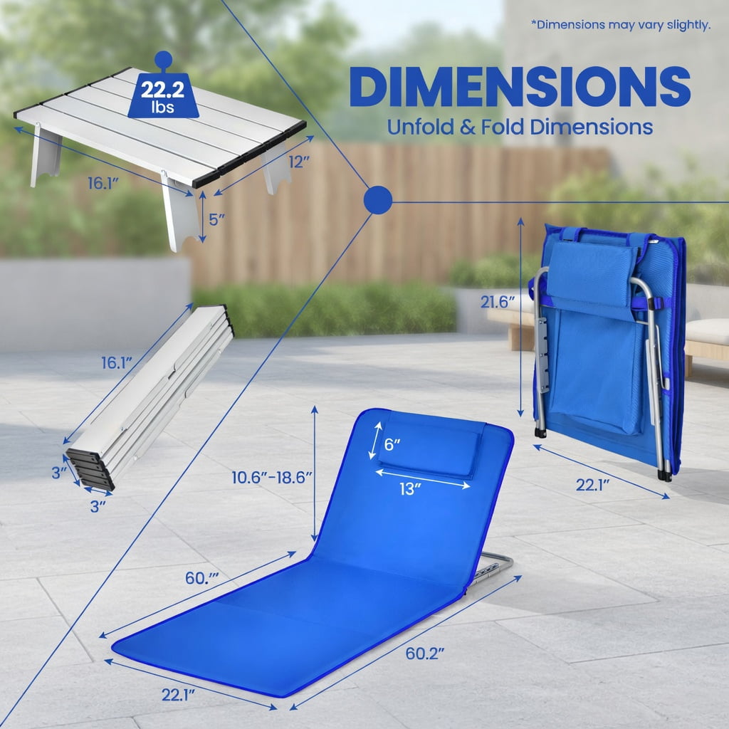 Hommoo 3-Piece Adjustable Beach Lounge Chair Set with Folding Table, Stripe Design, Portable Aluminum Frame, 5-Position Reclining Chairs for Beach, Camping, Patio & Backyard, Blue