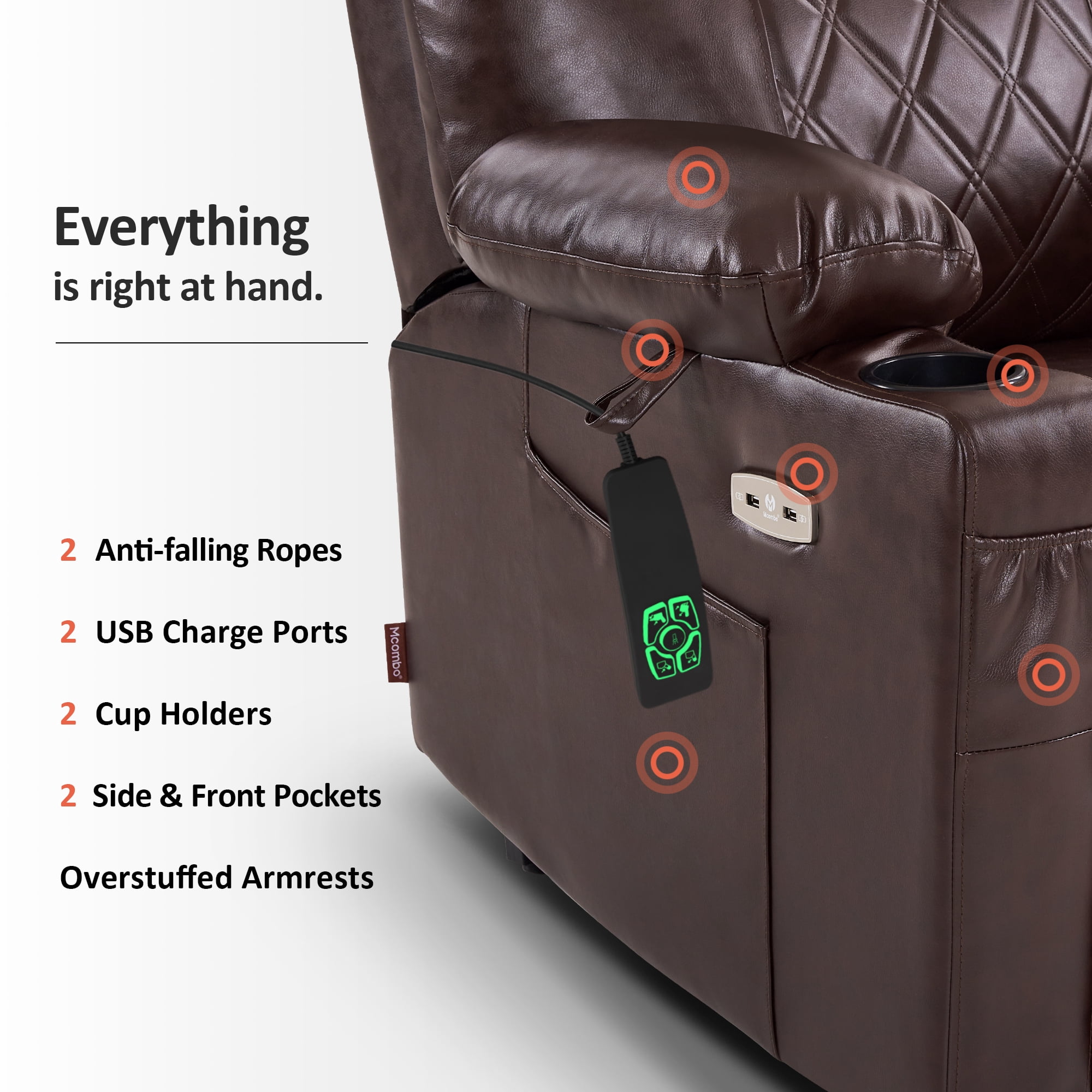 MCombo Small Size Electric Power Lift Recliner Chair Sofa with Massage and Dual Heating, Adjustable Headrest for Elderly People Petite, USB Ports, Extended Footrest, Faux Leather 7111 (Dark Brown)