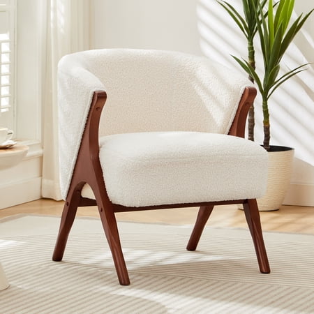 Euroco Modern Accent Chair,Upholstered Armchair with Solid Wood Frame,Boucle Fabric Reading Chair Leisure Chair for Living Room, Bedroom,Beige