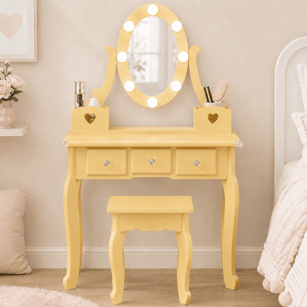 Ktaxon Kids Play Makeup Vanity Set with 3-Color Light, Girls Vanity Dresser Desk with Matching Stool, Light Orange