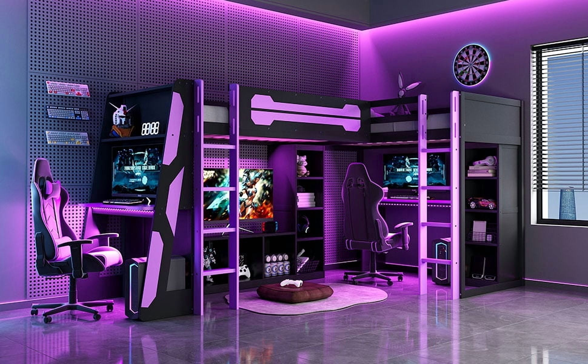 Mintazer L-Shaped Twin Loft Bed with 2 Gaming Desks, Gaming Loft Bed with RGB Lights & USB Charging Station, Black & Purple