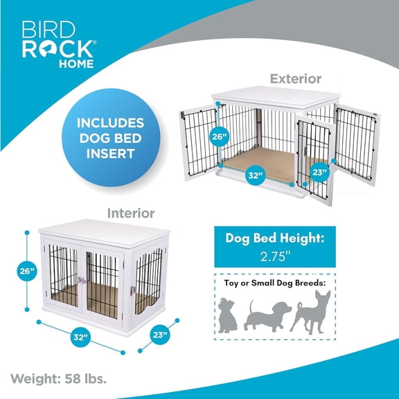 Decorative Dog Kennel with Pet Bed, Small Pet House, Double Door Indoor Crate, Engineered Wood & Wire Furniture, Side Table & Nightstand, Fits Small Dogs - White