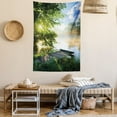 thumbnail image 2 of Landscape Tapestry, Fishing Pier by River in the Morning with Clouds and Trees Nature Image, Wall Hanging for Bedroom Living Room Dorm Decor, 60W X 80L Inches, Green Blue White, by Ambesonne, 2 of 5