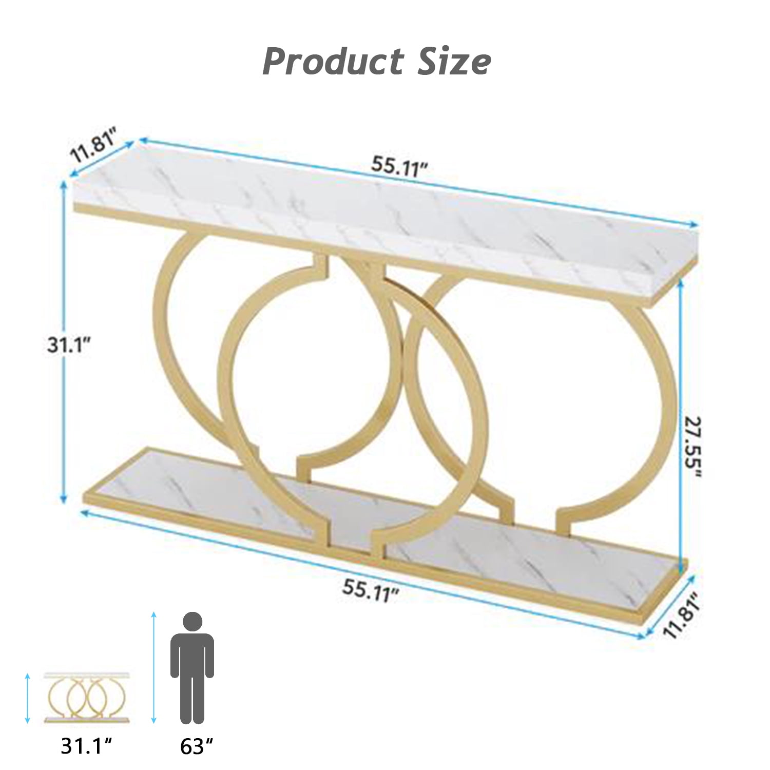 Topcobe 55" Console Table, Narrow Entryway Sofa Table with Geometric Metal Frame, Modern Furniture for Indoor, White & Gold