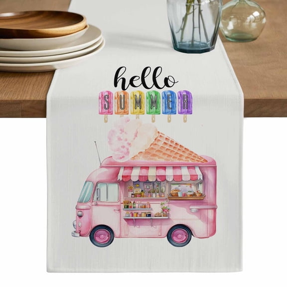 Hello Summer Table Runner, Pink Ice Cream Truck Watercolor Washable Cotton Linen Table Runners 120 Inches Long, Dresser Scarf Runner for Dining/Living Room/Kitchen/Square Tables 13''x120''